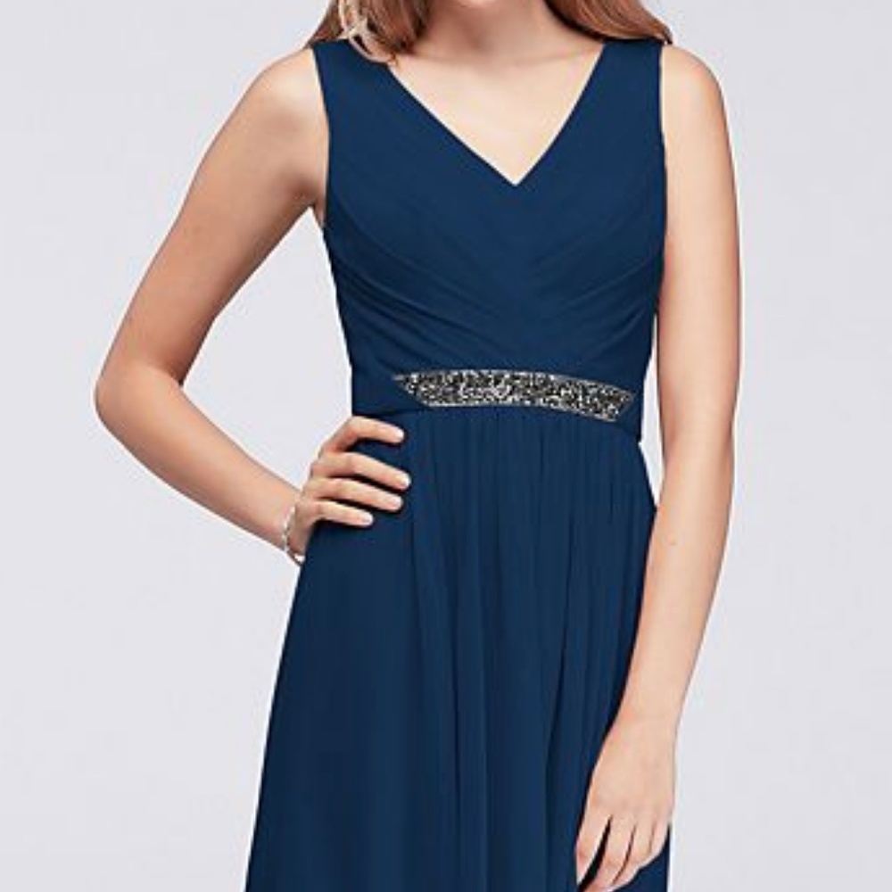 David's Bridal Short Mesh V Neck Beaded Waistband
